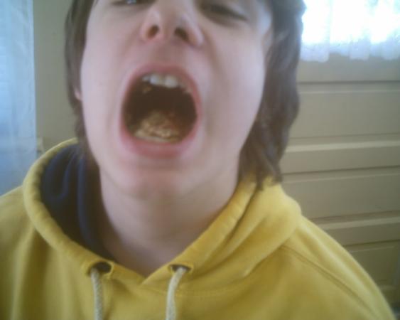 Brett eating fig neutons and skittles