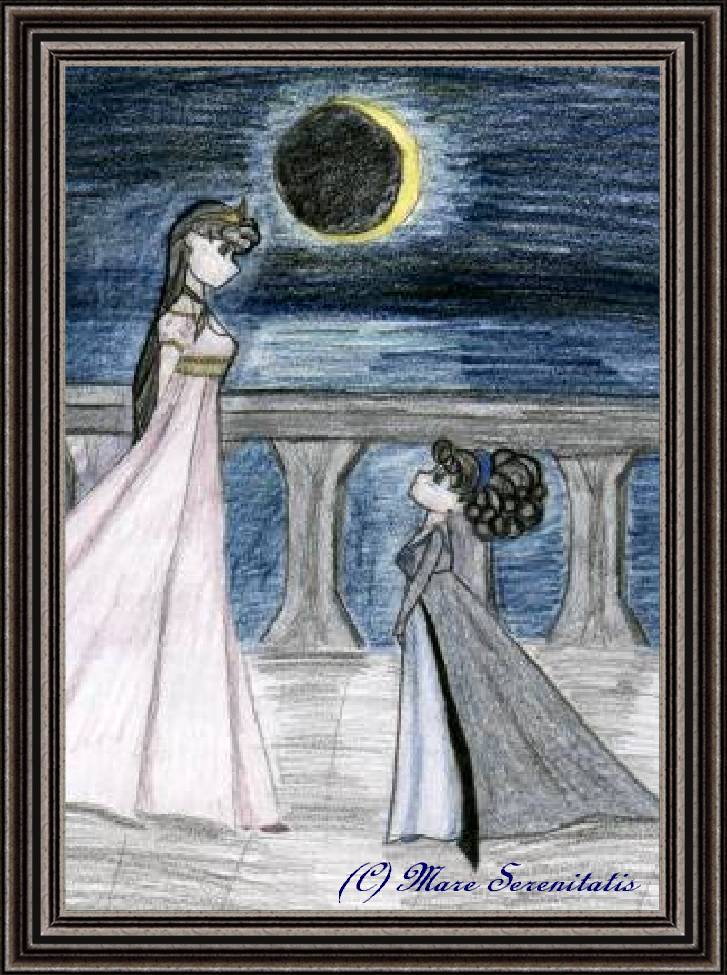 A Queen with her Princess daughter on a balcony over looking a sea and the moon.
