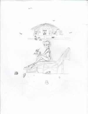 A cute picture of Nanya (White Dwarf) on the beach with a tiki bar ^^.