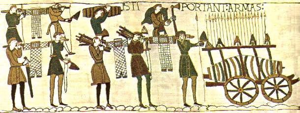soldiers carrying hauberks in 1066 AD.  detail from the Bayeaux Tapestry