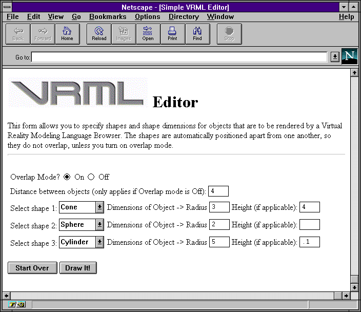 Netscape window showing
Simple VRML Editor form