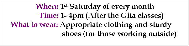 Text Box:  When: 1st Saturday of every month
           Time: 12:30  4:30pm (After the Gita classes)
    What to wear: Appropriate clothing and sturdy 
                                             shoes (for those working outside)
