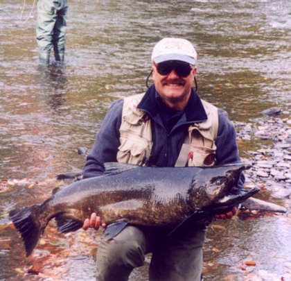 Kevin Veator holding huge King Salmon landed in the Salmon River in Pulaski, NY last October.