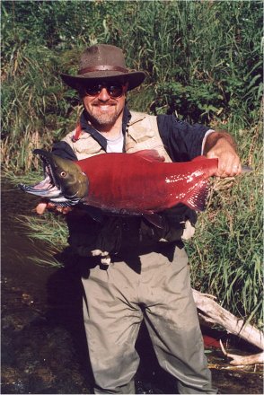 Kevin Veator from Wilmington, MA., proudly displays a colorful Sockeye caught while fishing the Russian River in Alaska.  The sockeye was landed on an 8 wt rod and a red hackle flash fly.