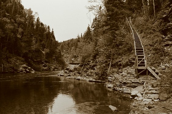 This shot of the Cuve pool on the York river in Gaspe, Quebec, submitted by Charlie Dickson, shows the long stairway down to the pool and an observation deck high over the pool.