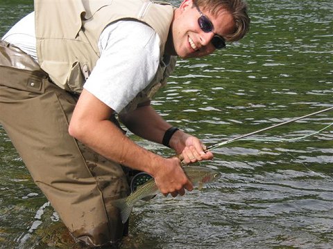 One of the many released Rainbows caught fly fishing by Ryan St. Germaine while river fishing near Hope, B.C.