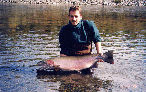 Ed Vanderlip caught this huge buck using a single handed custom build Orvis Trident with an ATH reel on a visit to Kispiox River with some friends.