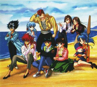 A day at the beach! (L-R) Top- Hiei, Yukina, Kazuma, Shizuru, Atsuko.Bottom- Kurama, Yuusuke, Keiko, and Botan holding Ko-Enma's infant form.