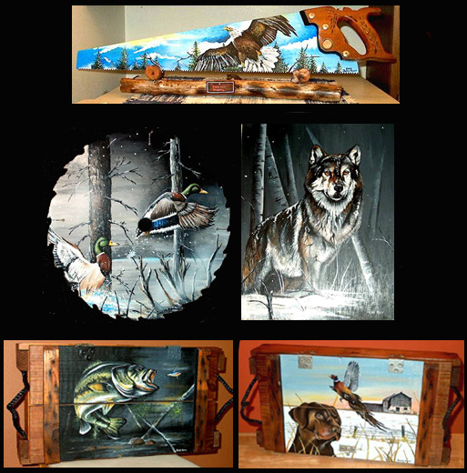 A few art piece examples from Artistic Creations. From left to right, top to bottom- Ringneck pheasant painted on a crate, mallard ducks on a circular saw, largemouth bass on crate, Bald Eagle on a handsaw, and wolf. Take a look at our gallery by clicking on the link below please!