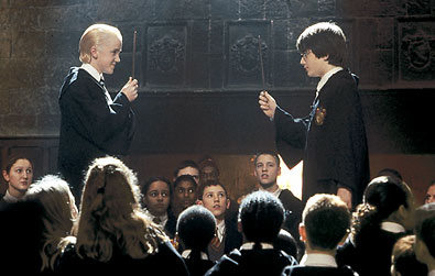 Draco and Harry dueling in 'aArry Potter and the Chamber of secrets