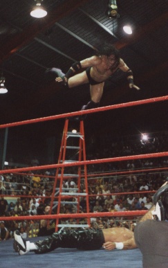 Ricky jump from the top of the ladder...