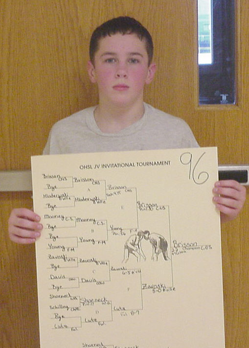Kyle Brisson with his wallchart, after winning the JV Leagues.
