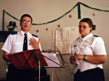 Bronwyn preaching, Honza translating