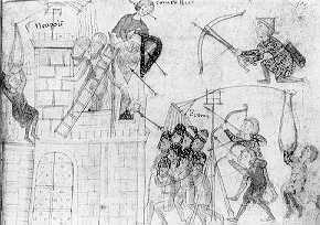 Petrus de Eboli showing the forces of Emperor Henry IV (1190-97) laying siege to Naples. Biblioteca Nacional, Madrid, Codice Griego Matritense de Skylitzes, f.151b.
