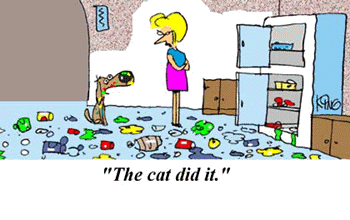 Comic about dog blaming cat
for mess in kitchen