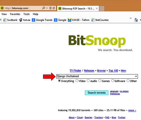 Lähme BitSnoop veebsaiti, sisestame otsitava faili nime ja vajutame ENTER
